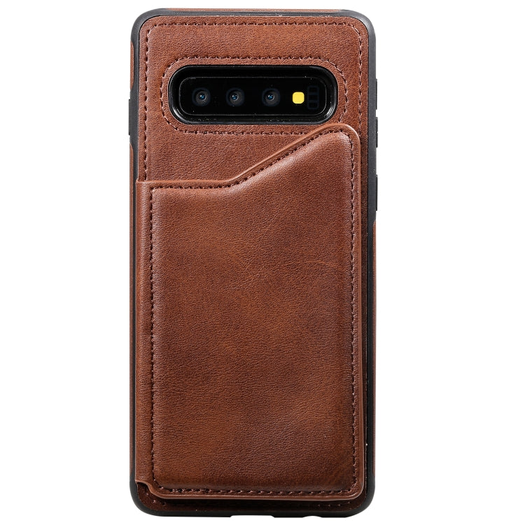 For Galaxy S10 Shockproof Calf Texture Protective Case with Holder & Card Slots & Frame