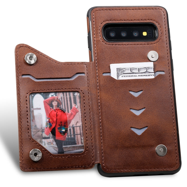 For Galaxy S10 Shockproof Calf Texture Protective Case with Holder & Card Slots & Frame