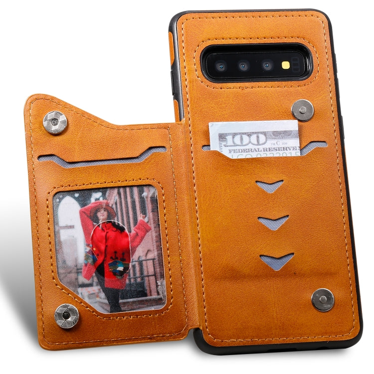 For Galaxy S10 Shockproof Calf Texture Protective Case with Holder & Card Slots & Frame