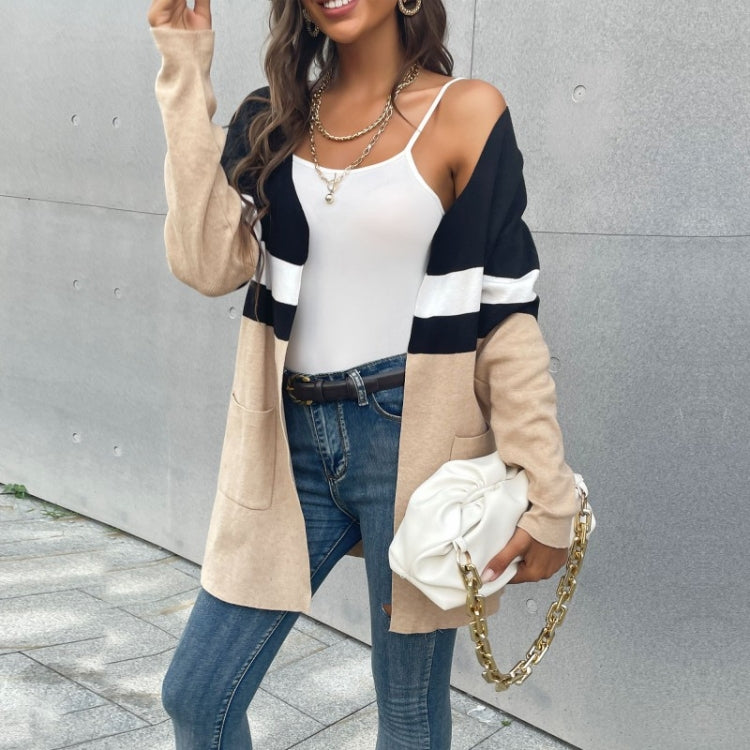 Women Fashion Contrast Color Long Sleeve Cardigan Knit Sweaters, Size: