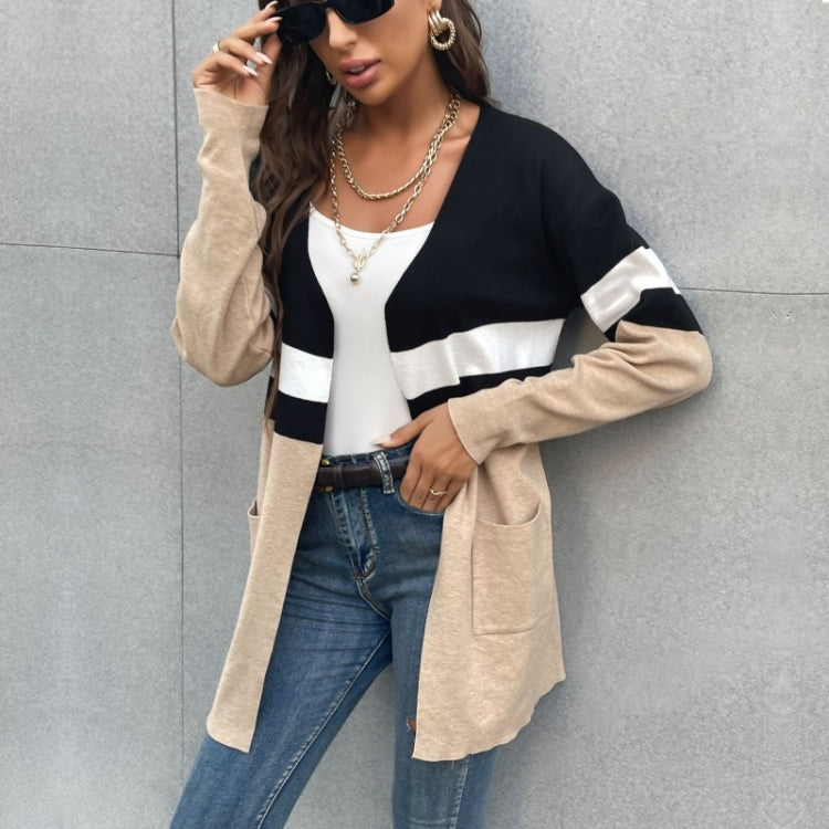 Women Fashion Contrast Color Long Sleeve Cardigan Knit Sweaters, Size: