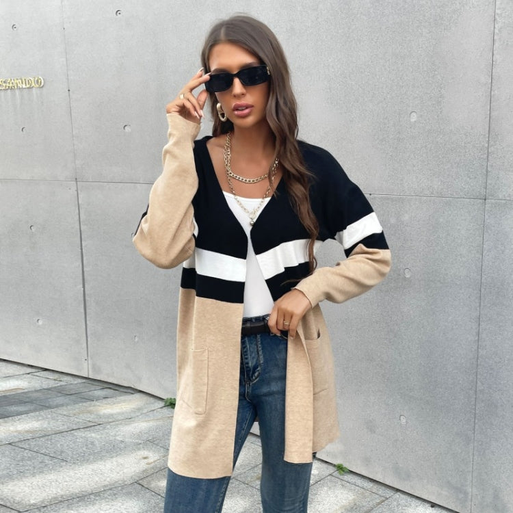Women Fashion Contrast Color Long Sleeve Cardigan Knit Sweaters, Size: