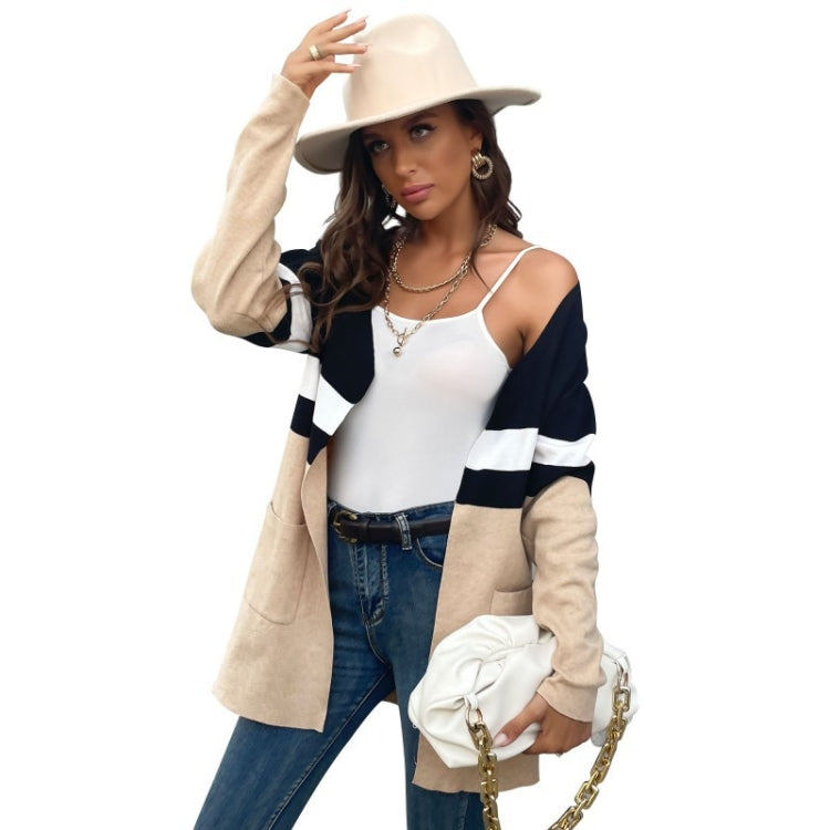 Women Fashion Contrast Color Long Sleeve Cardigan Knit Sweaters, Size: