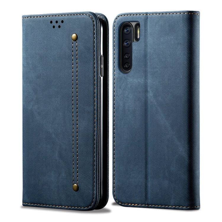 For OPPO A91 / F15 / Reno 3 Denim Texture Casual Style Horizontal Flip Leather Case with Holder & Card Slots & Wallet