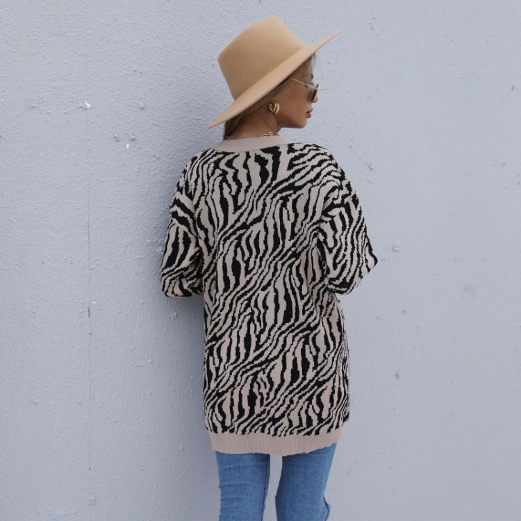 Women Fashion Leopard Printed Long Sleeve Cardigan Knit Sweaters, Size: