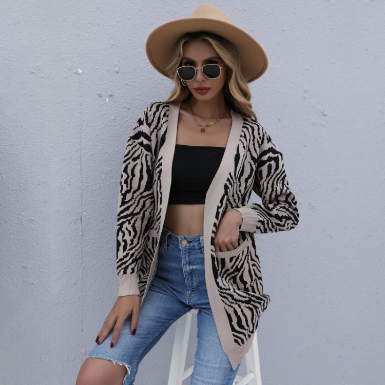 Women Fashion Leopard Printed Long Sleeve Cardigan Knit Sweaters, Size:
