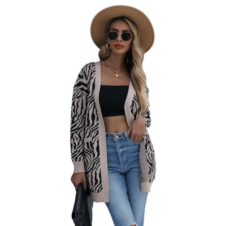 Women Fashion Leopard Printed Long Sleeve Cardigan Knit Sweaters, Size: