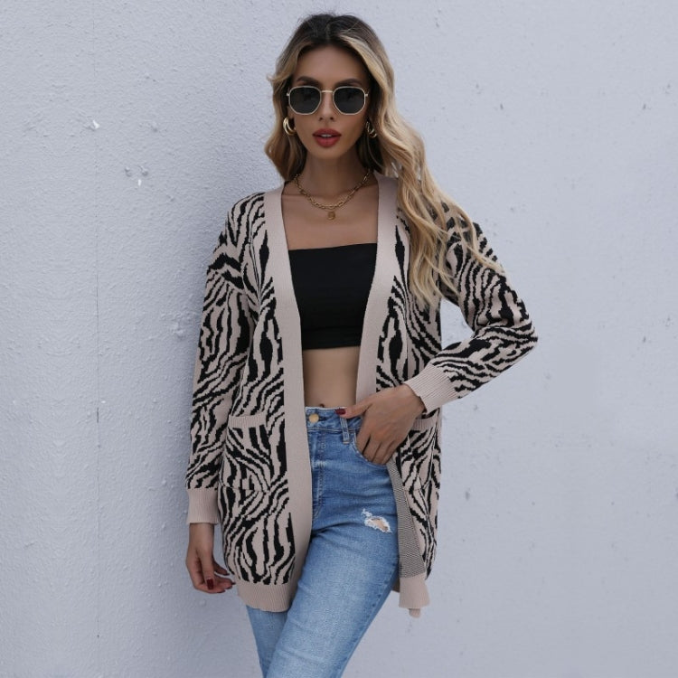 Women Fashion Leopard Printed Long Sleeve Cardigan Knit Sweaters, Size: