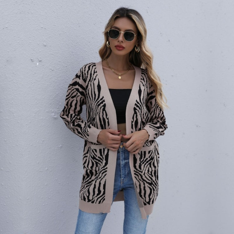 Women Fashion Leopard Printed Long Sleeve Cardigan Knit Sweaters, Size: