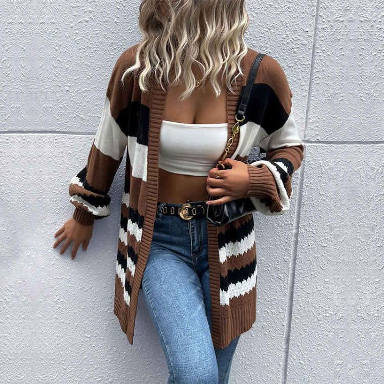 Women Fashion Contrast Color Long Sleeve Cardigan Knit Sweaters, Size: