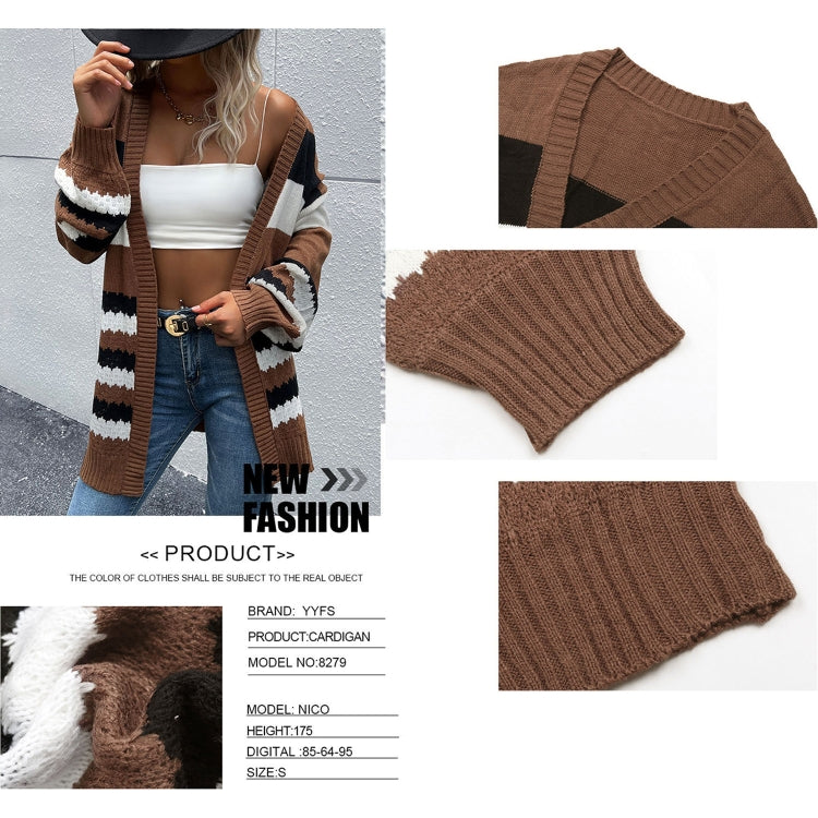 Women Fashion Contrast Color Long Sleeve Cardigan Knit Sweaters, Size: