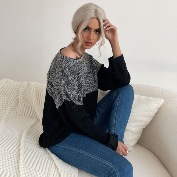 Women Long Sleeve Contrast Color Crew Neck Bottoming Sweater, Size: