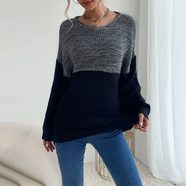 Women Long Sleeve Contrast Color Crew Neck Bottoming Sweater, Size: