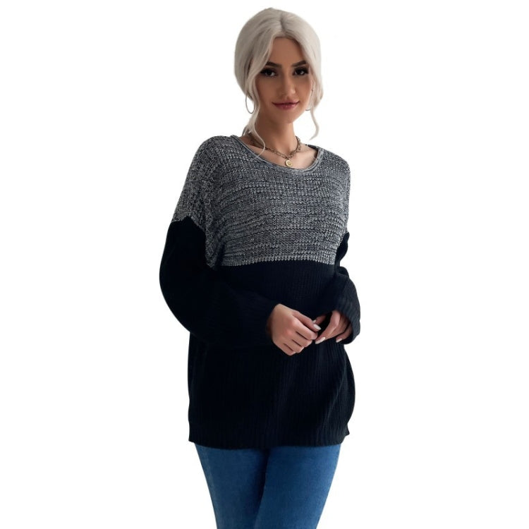 Women Long Sleeve Contrast Color Crew Neck Bottoming Sweater, Size: