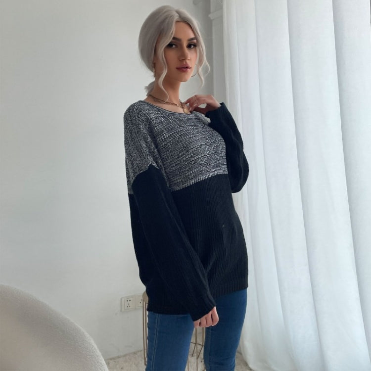 Women Long Sleeve Contrast Color Crew Neck Bottoming Sweater, Size: