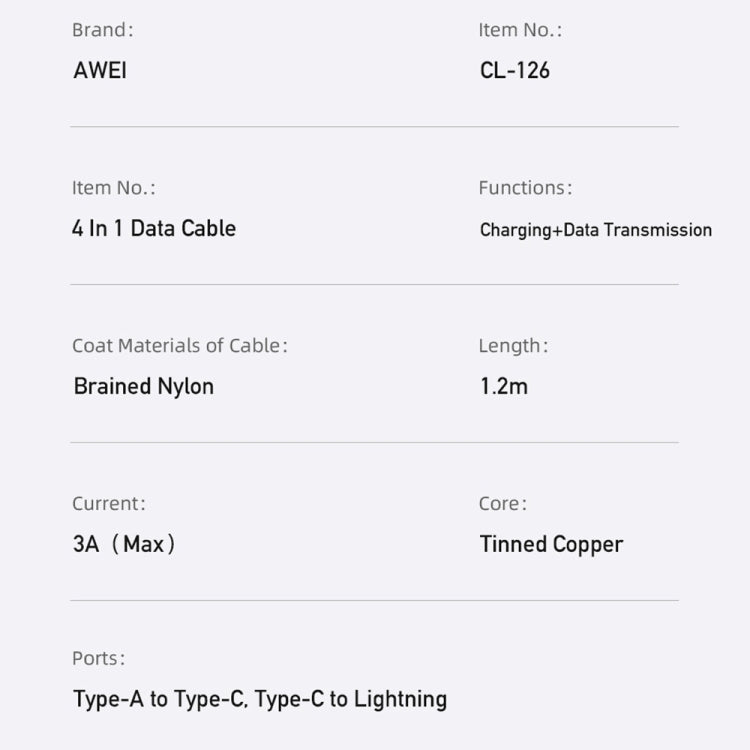 awei CL-126 1.2m 4 in 1 USB to USB-C / Type-C to 8Pin Data Fast Charging Cable