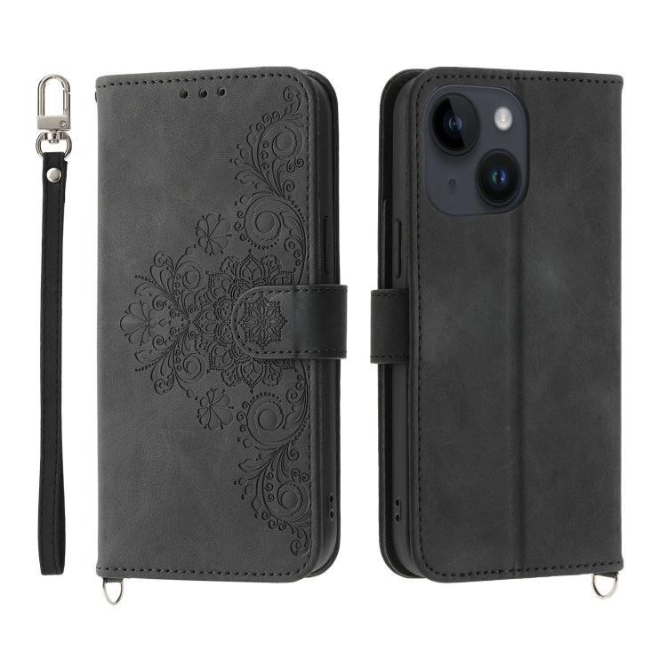 For iPhone 14 Skin-feel Flowers Embossed Wallet Leather Phone Case
