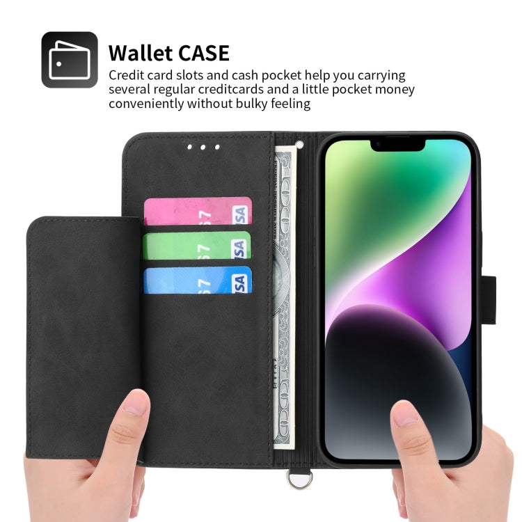 For iPhone 14 Skin-feel Flowers Embossed Wallet Leather Phone Case