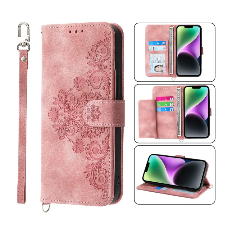 For iPhone 14 Skin-feel Flowers Embossed Wallet Leather Phone Case