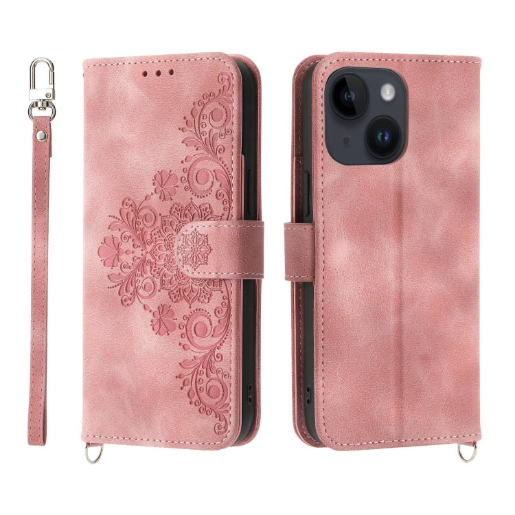 For iPhone 14 Skin-feel Flowers Embossed Wallet Leather Phone Case