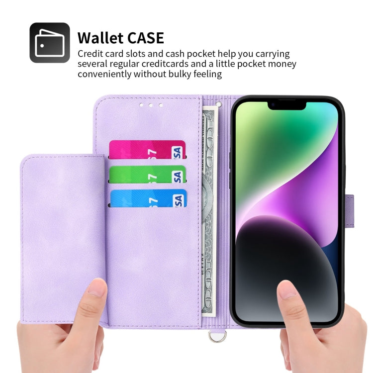 For iPhone 14 Skin-feel Flowers Embossed Wallet Leather Phone Case