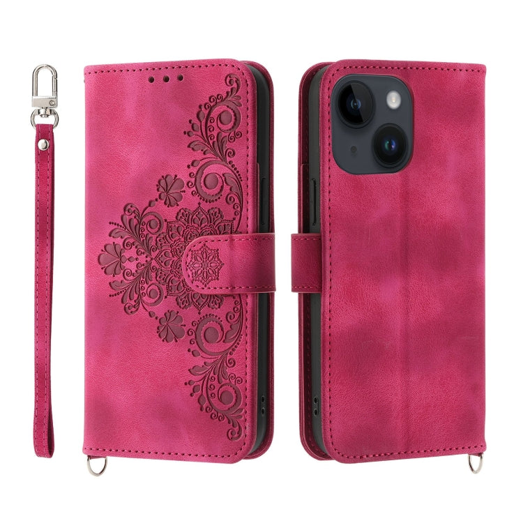 For iPhone 14 Skin-feel Flowers Embossed Wallet Leather Phone Case