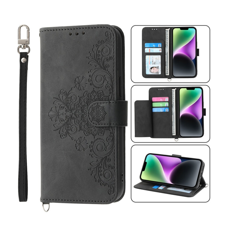 For iPhone 14 Plus Skin-feel Flowers Embossed Wallet Leather Phone Case