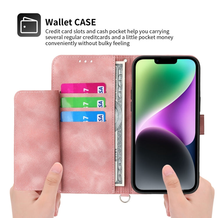 For iPhone 14 Plus Skin-feel Flowers Embossed Wallet Leather Phone Case