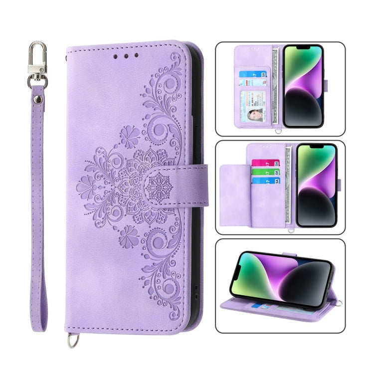 For iPhone 14 Plus Skin-feel Flowers Embossed Wallet Leather Phone Case