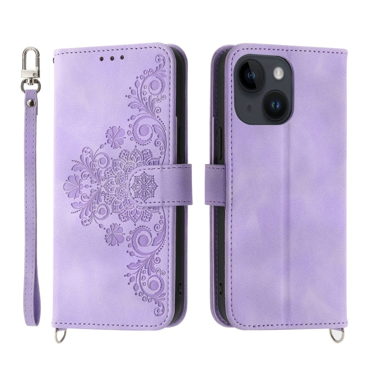 For iPhone 14 Plus Skin-feel Flowers Embossed Wallet Leather Phone Case