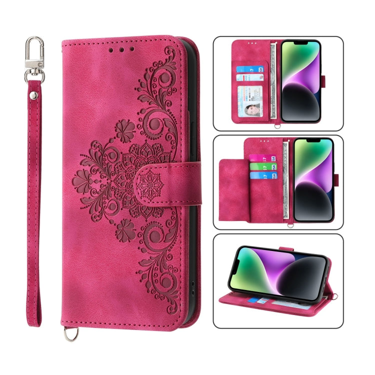 For iPhone 14 Plus Skin-feel Flowers Embossed Wallet Leather Phone Case