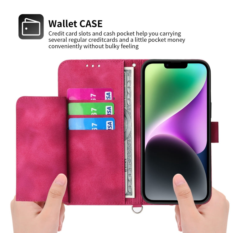 For iPhone 14 Plus Skin-feel Flowers Embossed Wallet Leather Phone Case