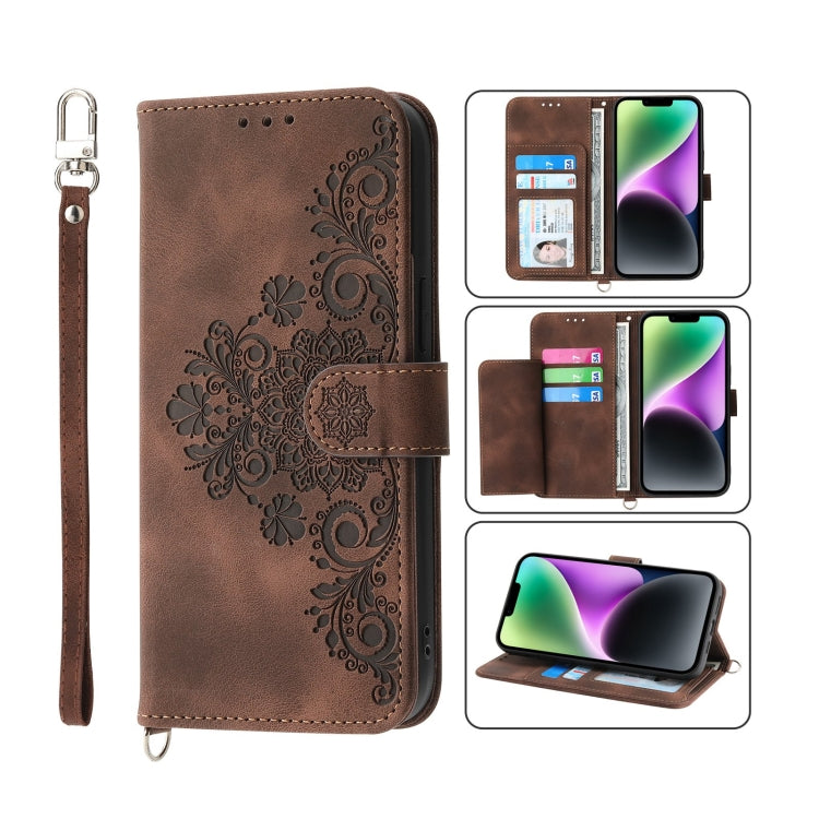 For iPhone 14 Plus Skin-feel Flowers Embossed Wallet Leather Phone Case
