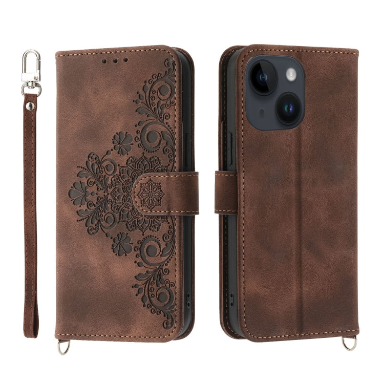 For iPhone 14 Plus Skin-feel Flowers Embossed Wallet Leather Phone Case