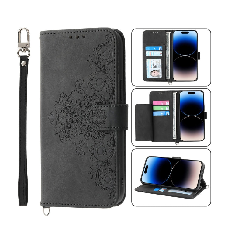 For iPhone 14 Pro Skin-feel Flowers Embossed Wallet Leather Phone Case