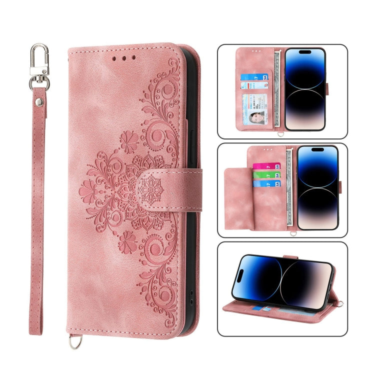 For iPhone 14 Pro Skin-feel Flowers Embossed Wallet Leather Phone Case