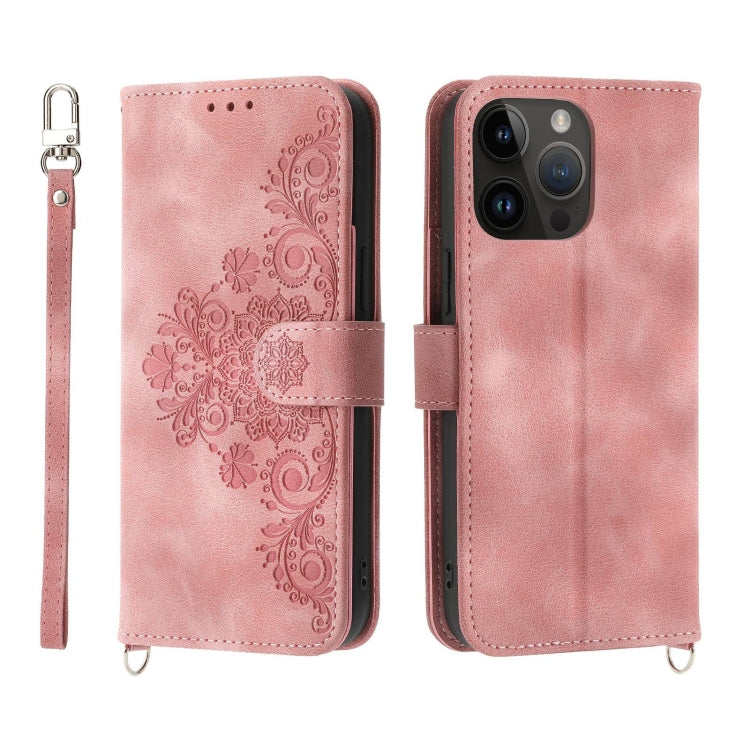 For iPhone 14 Pro Skin-feel Flowers Embossed Wallet Leather Phone Case