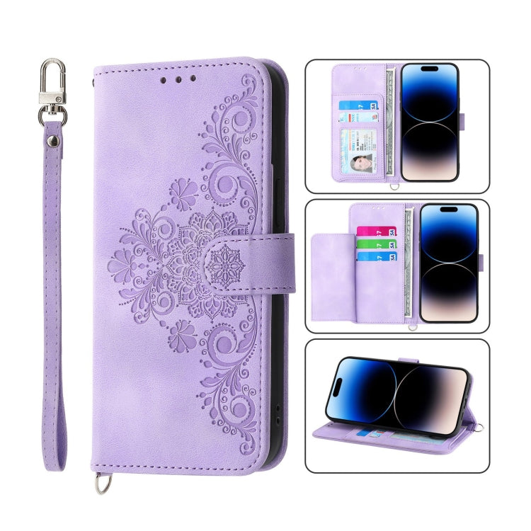 For iPhone 14 Pro Skin-feel Flowers Embossed Wallet Leather Phone Case