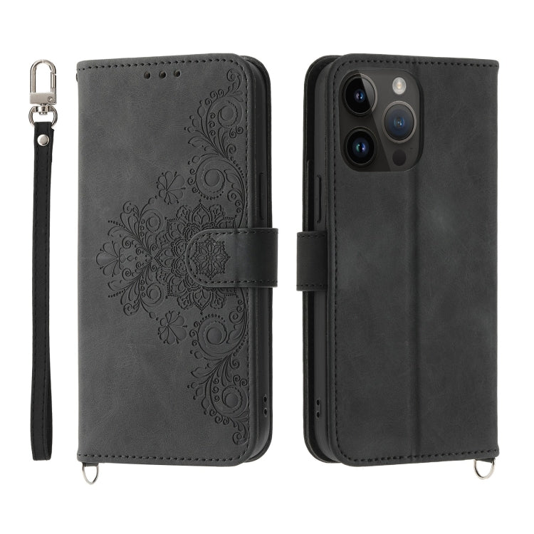 For iPhone 14 Pro Max Skin-feel Flowers Embossed Wallet Leather Phone Case