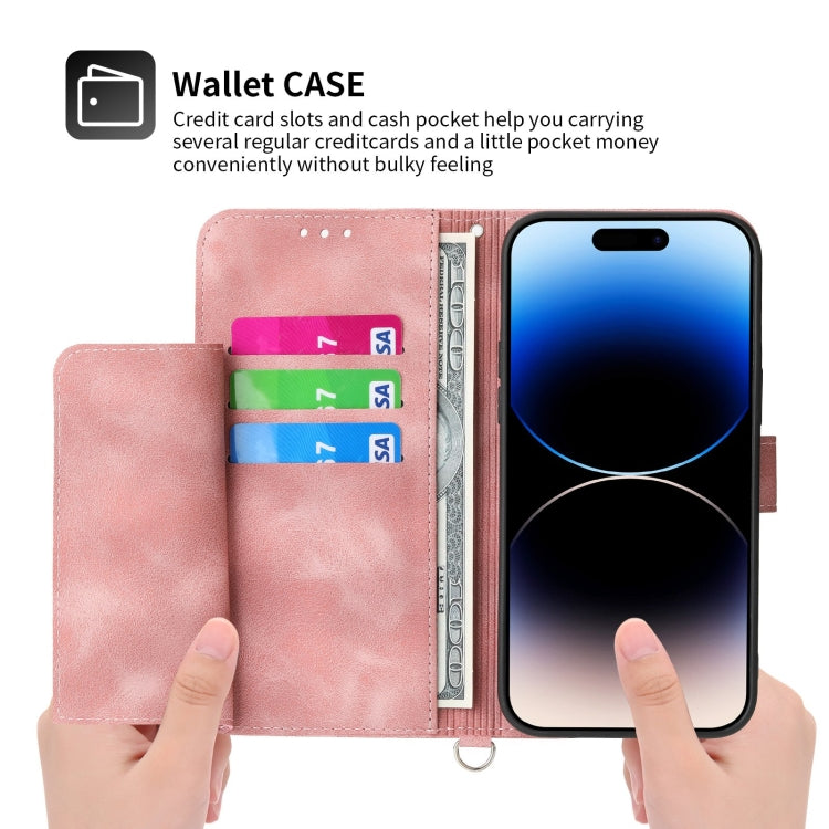 For iPhone 14 Pro Max Skin-feel Flowers Embossed Wallet Leather Phone Case