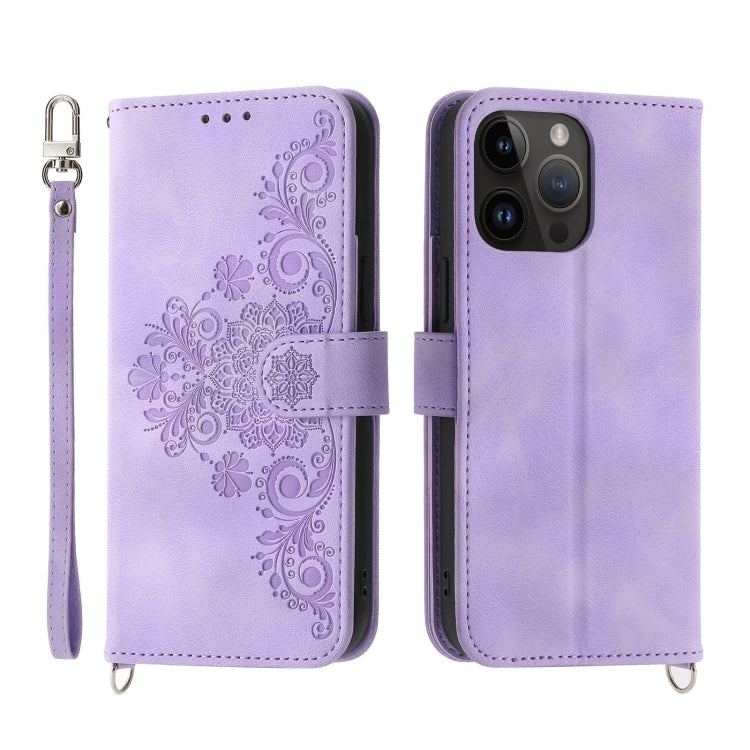 For iPhone 14 Pro Max Skin-feel Flowers Embossed Wallet Leather Phone Case