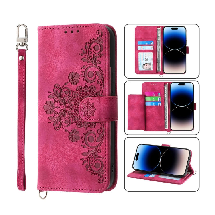 For iPhone 14 Pro Max Skin-feel Flowers Embossed Wallet Leather Phone Case