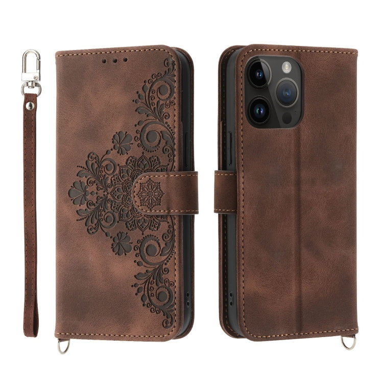 For iPhone 14 Pro Max Skin-feel Flowers Embossed Wallet Leather Phone Case