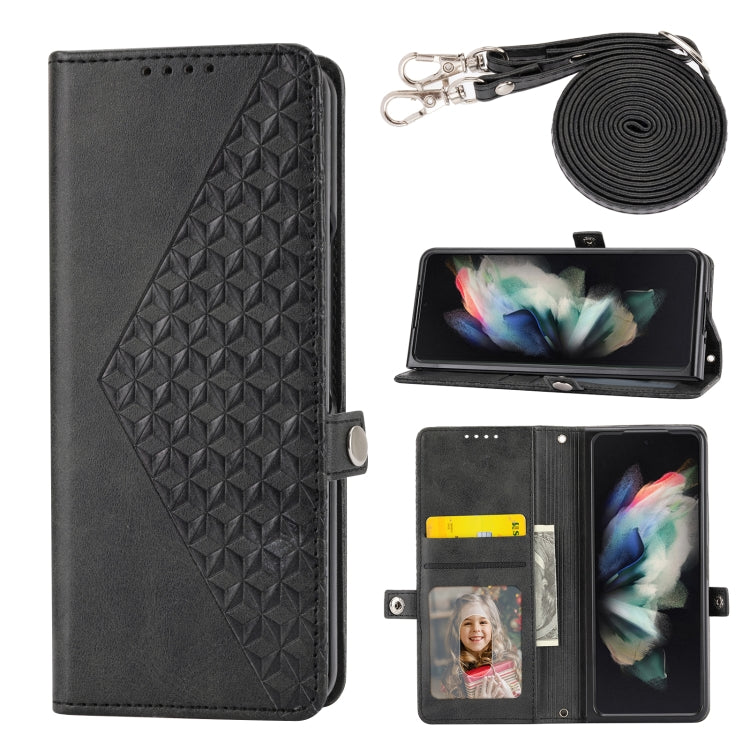 For Samsung Galaxy Z Fold4 Cubic Grid Calf Texture Leather Phone Case with Neck Lanyard