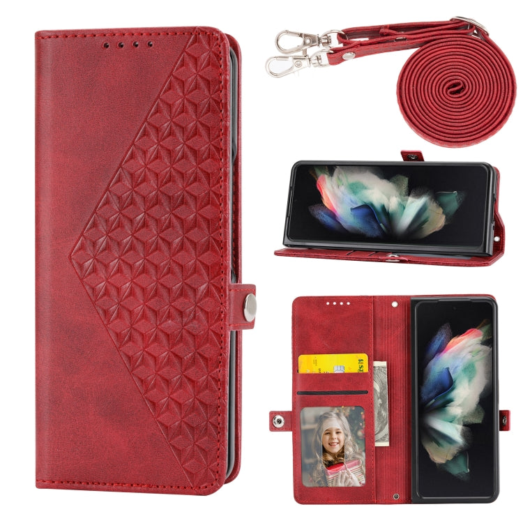 For Samsung Galaxy Z Fold4 Cubic Grid Calf Texture Leather Phone Case with Neck Lanyard