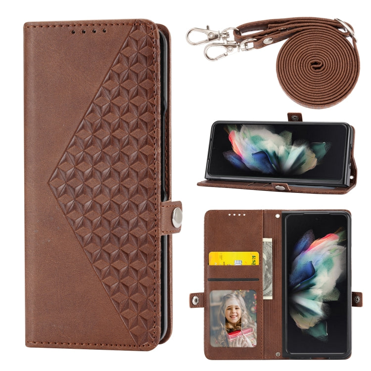 For Samsung Galaxy Z Fold4 Cubic Grid Calf Texture Leather Phone Case with Neck Lanyard