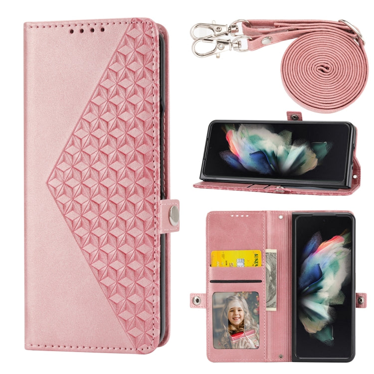 For Samsung Galaxy Z Fold4 Cubic Grid Calf Texture Leather Phone Case with Neck Lanyard