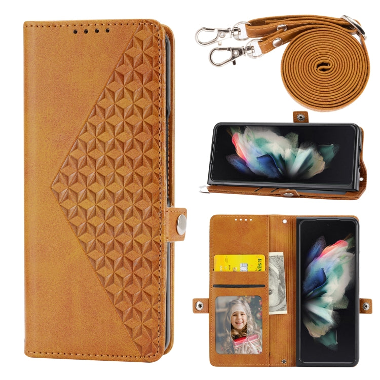 For Samsung Galaxy Z Fold4 Cubic Grid Calf Texture Leather Phone Case with Neck Lanyard