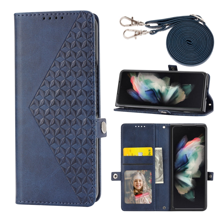 For Samsung Galaxy Z Fold3 5G Cubic Grid Calf Texture Leather Phone Case with Neck Lanyard