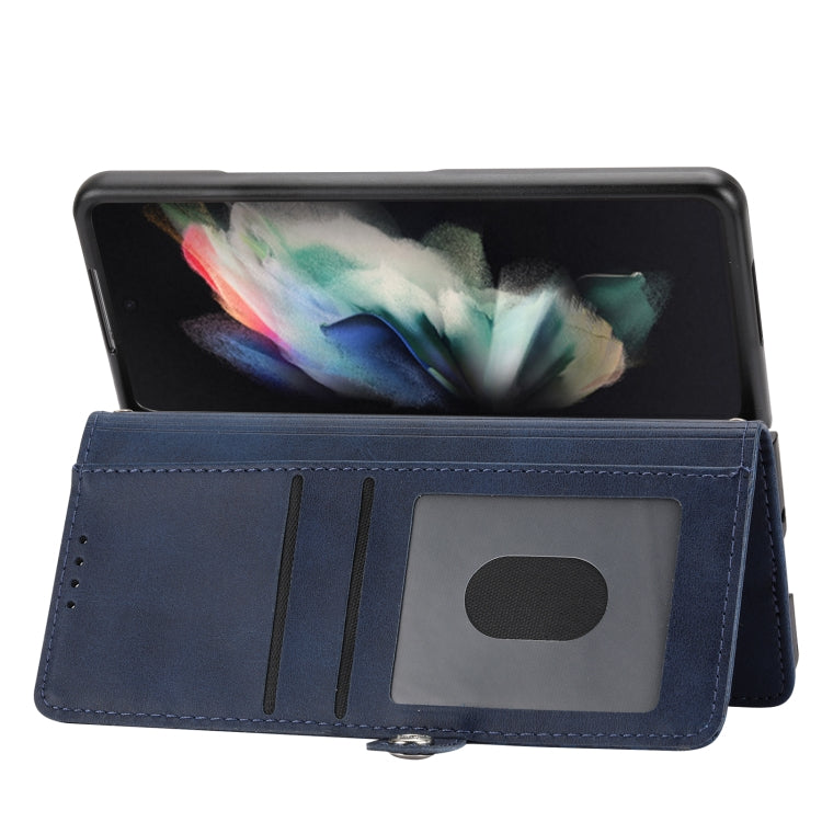 For Samsung Galaxy Z Fold3 5G Cubic Grid Calf Texture Leather Phone Case with Neck Lanyard